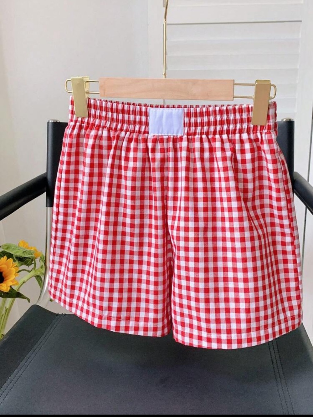 SHEIN Red and White Gingham High Waist Shorts